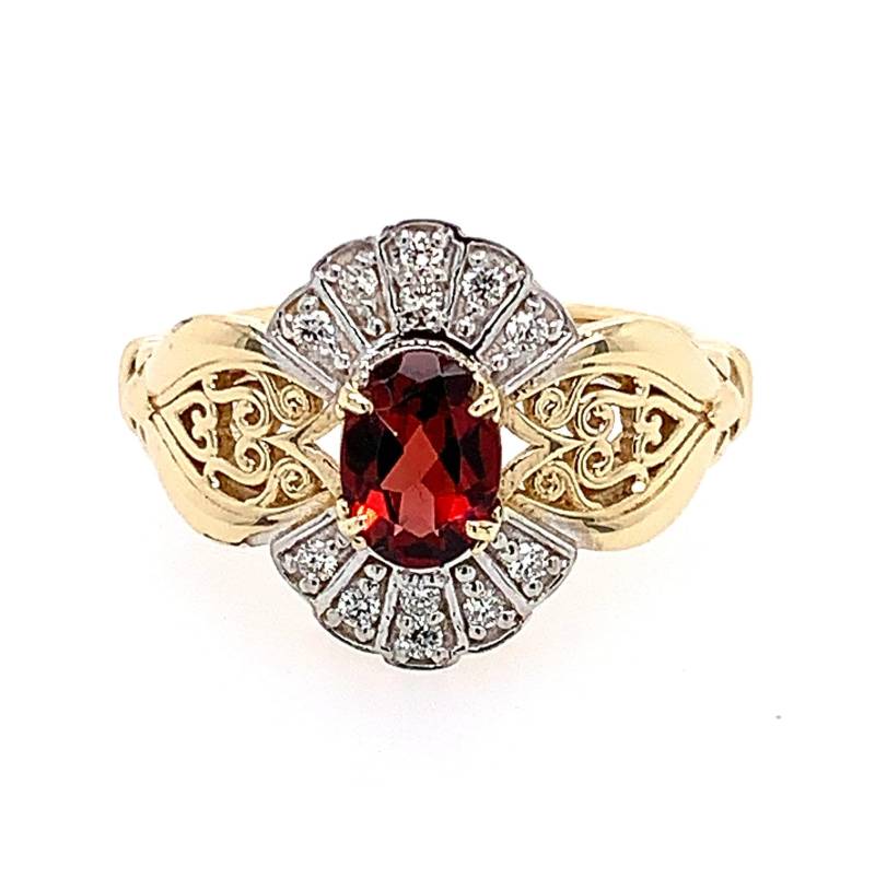14K Gelbgold Oval Granat & Runde Diamanten Vintage Stil Ring Größe 17 von RobertJewelryDesigns