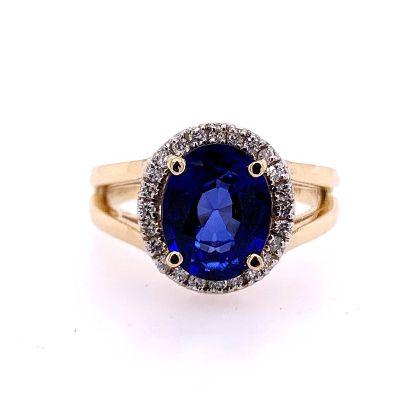 Oval Cut Lab Erstellt Sapphire & Natürlicher Diamant Ring 14K Gelbgold von RobertJewelryDesigns