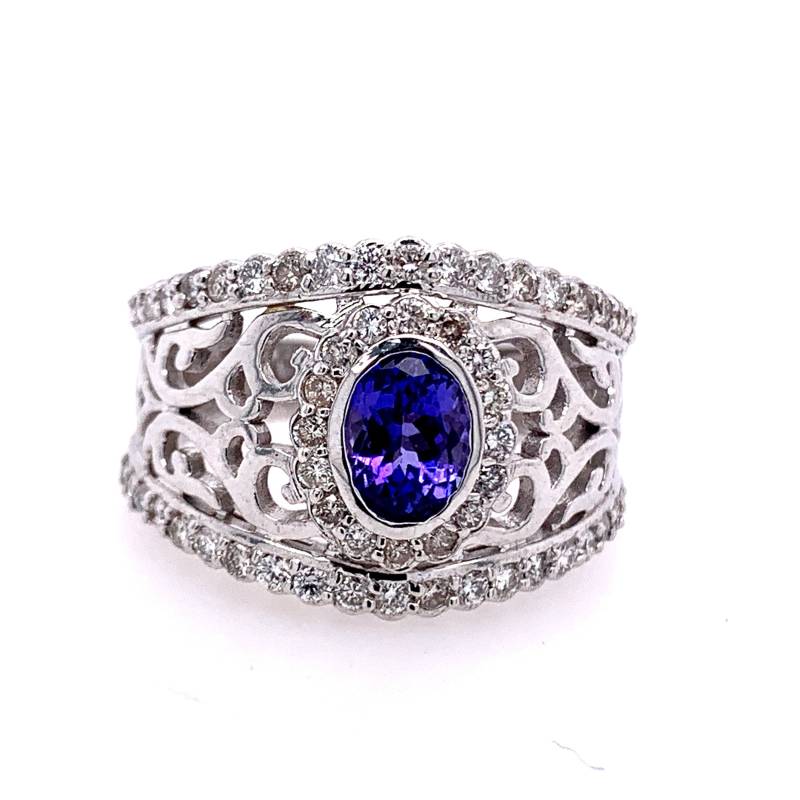 Ring Aus 14 Karat Weißgold Mit Feinem Ovalem Tansanit Und Rundem Diamant, Größe 7, 25 von RobertJewelryDesigns