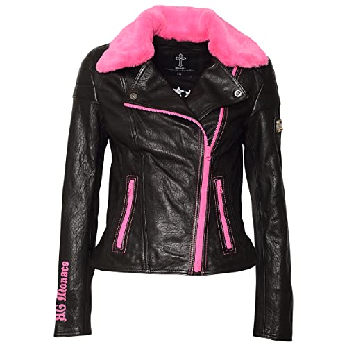 Roberto Geissini ALLA Damen Lederjacke - schwarz tailliertes Design - Kragen + Reißverschluss pink - RG Monaco Schriftzug - black-pink Größe 44 von Roberto Geissini