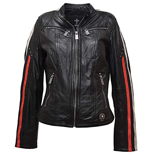 Roberto Geissini DARA Damen Lederjacke in schwarz, klassische Bikerjacke langarm, Todenkopf Nieten, Used Look Lederstreifen, Größe 38 von Roberto Geissini