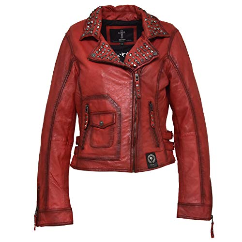 Roberto Geissini Damen Lederjacke OKKEA Bikerjacke lang stylisches rot Größe 44 mit Nieten und Totenkopf von Roberto Geissini