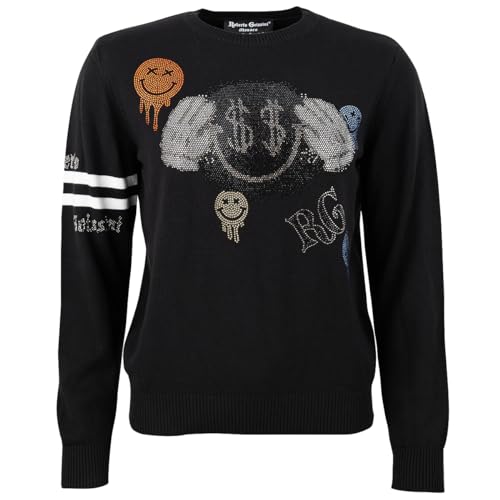 Roberto Geissini Damen Strickpullover Fun schwarz ? Weicher Stoff, Bunte Smiley-Motive - Dollarzeichen aus Strass, Rundhalsausschnitt, Sportliche Akzente, Komfort und Stil für jeden Anlass von Roberto Geissini