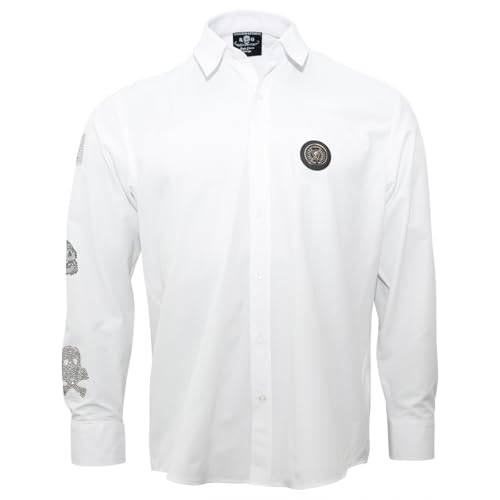 Roberto Geissini Herren Hemd Patches Baumwolle Elastan weiß ? Luxuriöses Designerhemd auffällige Strass-Motive, Totenkopf-Details Stickereien, erhältlich in den Größe M für Elegante Looks von Roberto Geissini