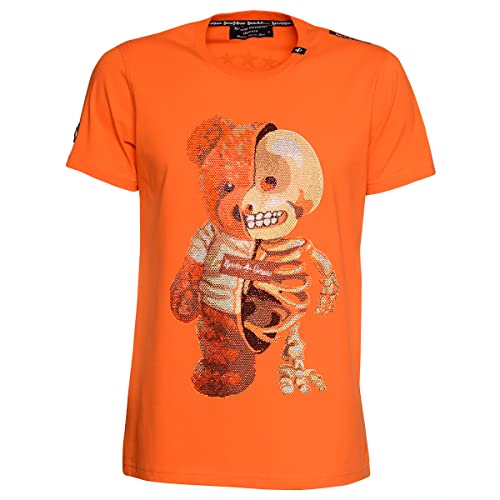 Roberto Geissini Unisex T-Shirt Half Bear Mysteriöses Teddy-Schädel Design Strasssteine Lilienlogo Lederoptik Patch Skull-Niete Paranormales Design Größe S von Roberto Geissini