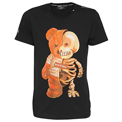 Roberto Geissini Unisex T-Shirt Half Bear Mysteriöses Teddy-Schädel Design Strasssteine Lilienlogo Lederoptik Patch Skull-Niete Paranormales Design Größe: S-5XL XXL von Roberto Geissini