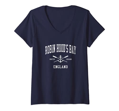 Damen Robin Hood's Bay Vintage gekreuzte Ruder und Bootsanker T-Shirt mit V-Ausschnitt von Robin Hood’s Bay England Sailing T-Shirts & Tees