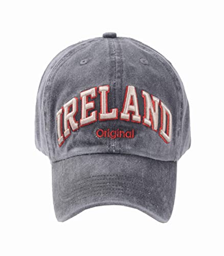 Robin Ruth Graue Baseballkappe mit beige/rotem Irland-Text, mit verstellbarem Riemen, Jeansgrau, Einheitsgröße Robin Ruth Graue Baseballkappe mit beige/rotem Irland-Text, mit verstellbarem Riemen, Jeansgrau, Einheitsgröße von Robin Ruth
