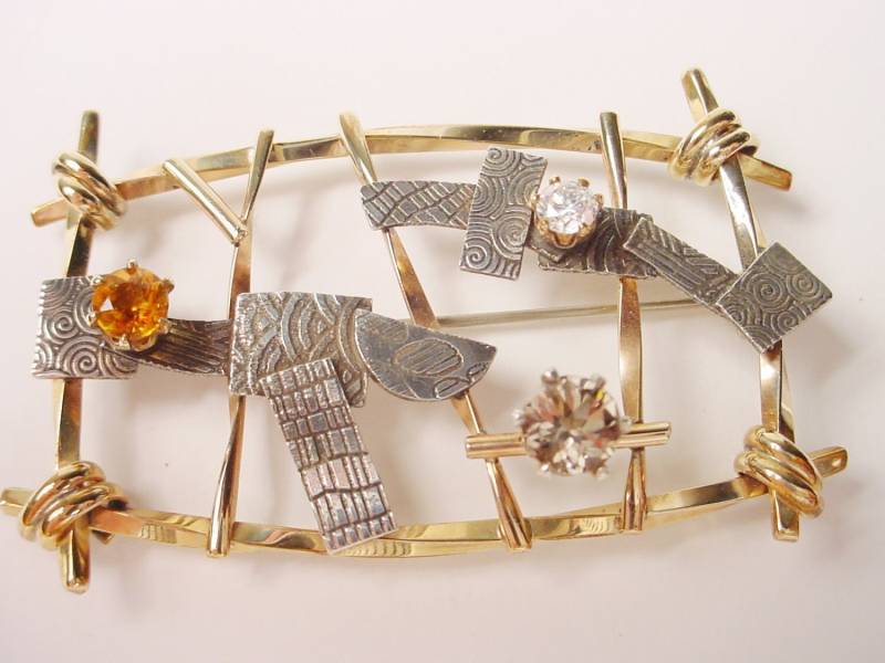 Anstecknadel Aus Mehreren Metallen Texturiertes Sterling Silber, Gold Filled Draht, Citrin, Cz, Rauchquarz von RobinSchechtelDesign