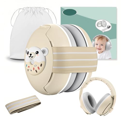 Robofun 2-in-1 Gehörschutz Baby Kopfhörer, Neugeboren Ohrenschützer mit Geräuschunterdrückung & Verstellbares Kopfband, Baby Kopfhörer Lärmschutz für Babys bis 48 Monate - Beige von Robofun