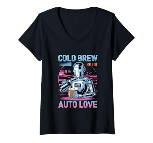 Damen Brew Hot Sun Auto Love Roboter-Stil T-Shirt mit V-Ausschnitt Damen Brew Hot Sun Auto Love Roboter-Stil T-Shirt mit V-Ausschnitt von Robot Coffee Culture Retro Futuristic
