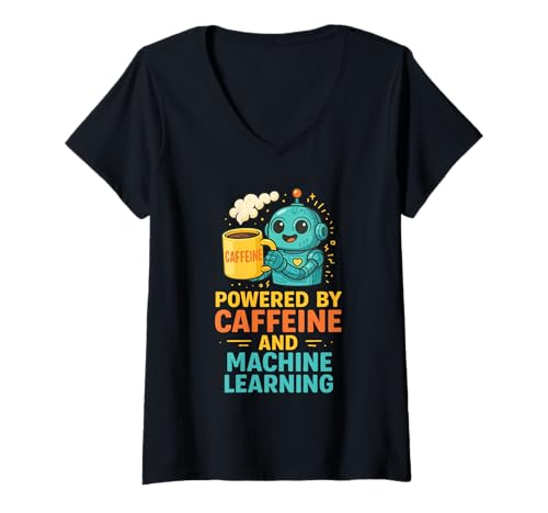 Damen Angetrieben durch Koffein und maschinelles Lernen süßer Roboterkaffee T-Shirt mit V-Ausschnitt Damen Angetrieben durch Koffein und maschinelles Lernen süßer Roboterkaffee T-Shirt mit V-Ausschnitt von Robot Design