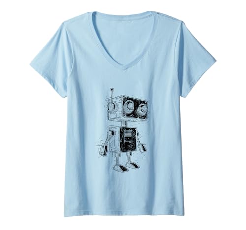 Damen Kleiner Roboter Shirt Niedliche Roboter-Skizze I Var.Schwarz T-Shirt mit V-Ausschnitt von Robot and Mech World