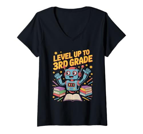 Damen Level Up to 3rd Grade Roboter Dritte Klasse Schulstart T-Shirt mit V-Ausschnitt Damen Level Up to 3rd Grade Roboter Dritte Klasse Schulstart T-Shirt mit V-Ausschnitt von Roboter Dritte Klasse Einschulung Schulstart