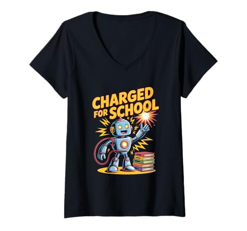 Damen Aufgeladen Für Die Schule Roboter Kinder Schulstart T-Shirt mit V-Ausschnitt von Roboter Schule Aufgeladen Schulstart Lernen