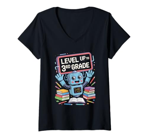 Damen Level Up to 3rd Grade Roboter Schule Einschulung T-Shirt mit V-Ausschnitt Damen Level Up to 3rd Grade Roboter Schule Einschulung T-Shirt mit V-Ausschnitt von Roboter Schule Zurueck In Die 3 Klasse Gamer