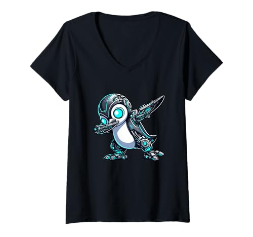 Damen Cooler Cartoon-Roboter mit Cyborg-Pinguin-Motiv T-Shirt mit V-Ausschnitt Damen Cooler Cartoon-Roboter mit Cyborg-Pinguin-Motiv T-Shirt mit V-Ausschnitt von Robotic Penguin Dab Mech Cool Designs