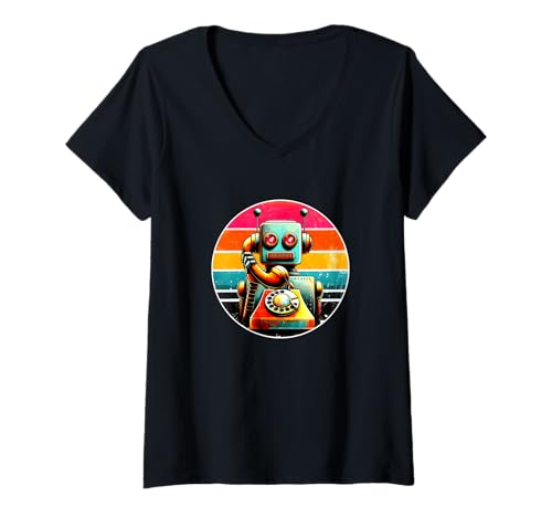 Damen Lustiger Retro -Roboterkostüm Roboter AI Shirt Robotics T-Shirt mit V-Ausschnitt von Robotikgeschenke Roboter Kostümingenieur AI Shirt