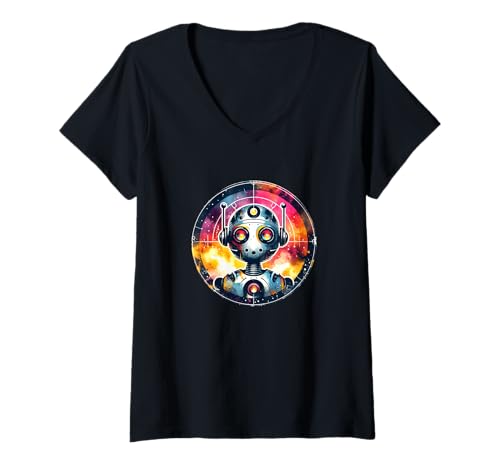 Damen Lustiger Retro -Roboterkostüm Roboter AI Shirt Robotics T-Shirt mit V-Ausschnitt von Robotikgeschenke lustiges Roboter -Shirt