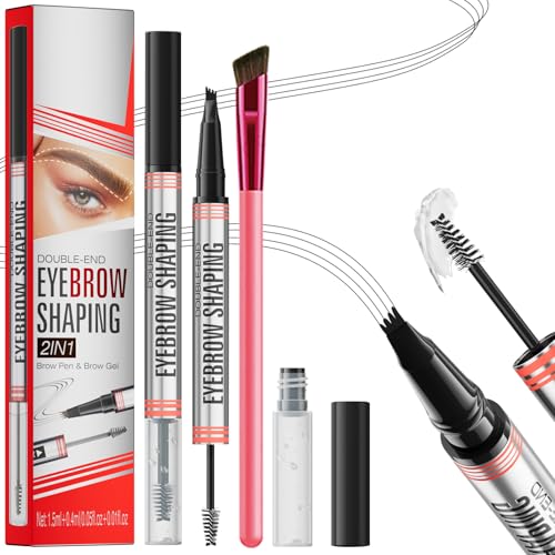 Microblading Augenbrauenstift Wasserfest Mit 4 Gabelspitzen & quadratischer Augenbrauenbürste & Brow Gel Clear für natürliche Härchenzeichnung (Schwarz) – Ideal für zu Hause & Make-up-Profis von Robreda