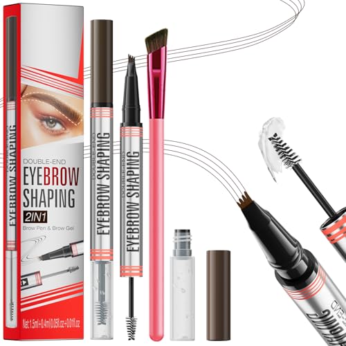 Microblading Augenbrauenstift Wasserfest Mit 4 Gabelspitzen & quadratischer Augenbrauenbürste & klarem Brauengel für natürliche Härchenzeichnung (Tiefbraun) – Ideal für zu Hause & Make-up-Profis von Robreda