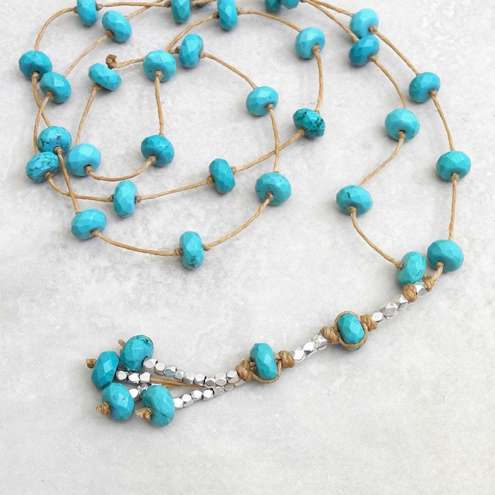 Lange Türkis Halskette - Leinen Facettierter Silber Perlen Quaste Blaue Roca Schmuck Designs Lange Türkis Halskette - Leinen Facettierter Silber Perlen Quaste Blaue Roca Schmuck Designs von RocaJewelryDesigns