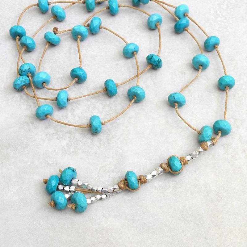 Lange Türkis Halskette - Leinen Facettierter Silber Perlen Quaste Blaue Roca Schmuck Designs Lange Türkis Halskette - Leinen Facettierter Silber Perlen Quaste Blaue Roca Schmuck Designs von RocaJewelryDesigns