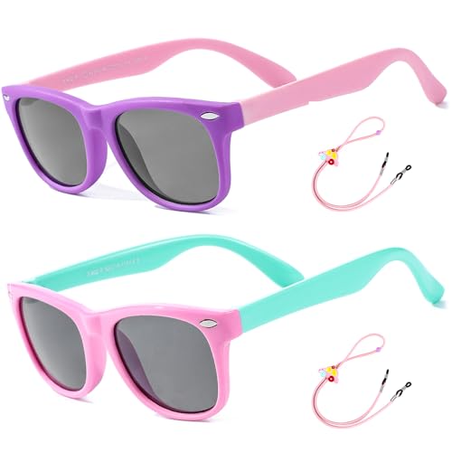 Kinder Sonnenbrille Flexibel Polarisierte Shades für Baby Jungen und Mädchen UV400-Schutz Brillen Alter 2-8 （ Lila/Rosa + Rosa/Cyan ） von Rocf Rossini