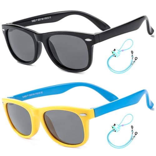 Rocf Rossini Kinder Sonnenbrille Flexibel Polarisierte Shades für Baby Jungen und Mädchen UV400-Schutz Brillen Alter 2-8 (Schwarz + Gelb/Blau) von Rocf Rossini