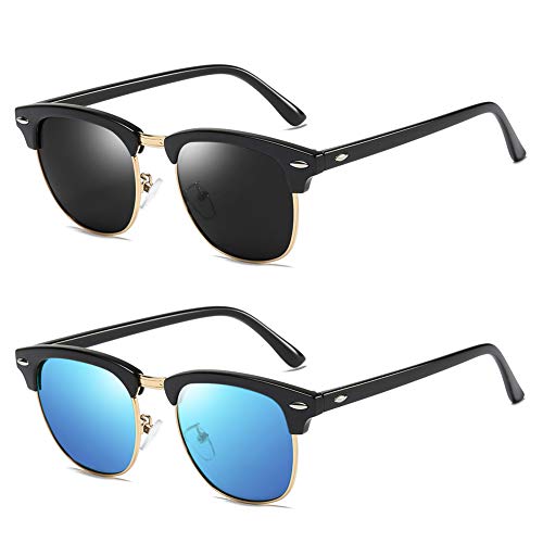 Rocf Rossini Polarisierte Sonnenbrille Herren Klassische Fahrer Brille Retro Halbrandlose Unisex Sonnenbrille Damen UV400(Schwarz/Grau + Schwarz/Blau) von Rocf Rossini