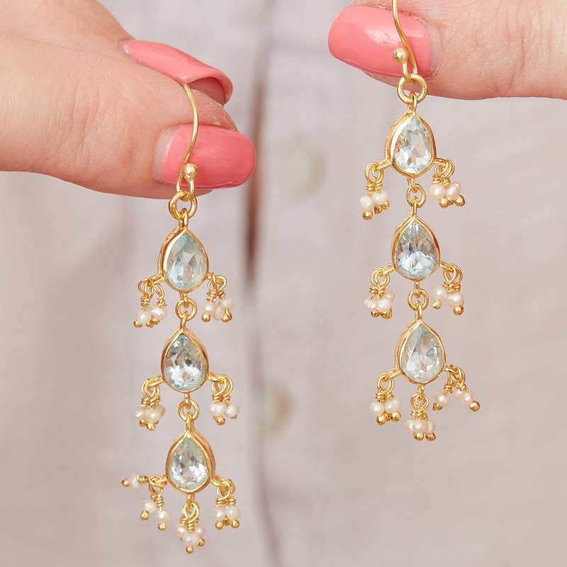 Blautopas Samen Perle Tropfen Ohrringe 18K Gold Sterling Silber, Hochzeitsschmuck von Rochejewels