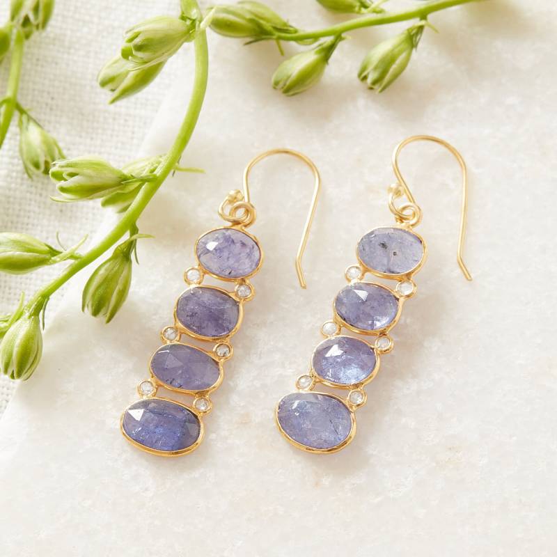 Tansanit & Diamant Tropfen Ohrringe 18K Vergoldetes Sterlingsilber von Rochejewels