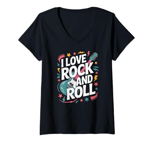 Damen I Love Rock and Roll E-Gitarrenkunst T-Shirt mit V-Ausschnitt von Rock And Roll Music Enthusiasts Passion
