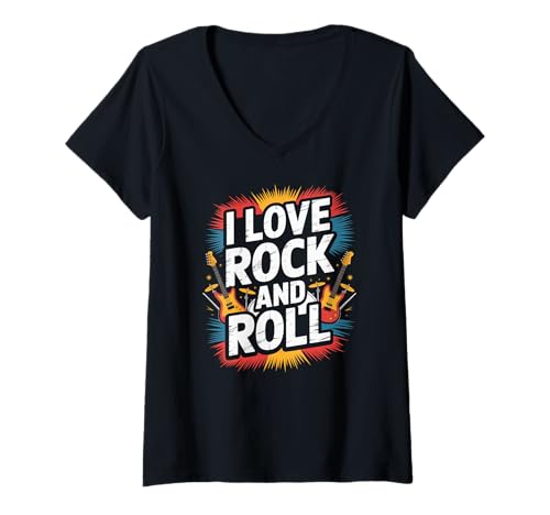 Damen I Love Rock and Roll E-Gitarre Musik T-Shirt mit V-Ausschnitt von Rock And Roll Music Lovers Electric Guitar Fans