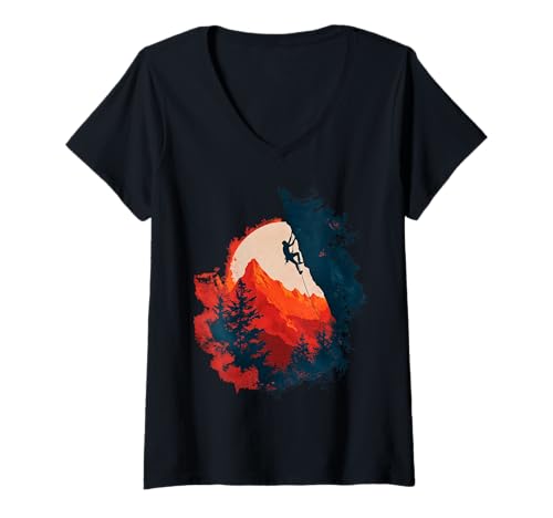Damen Klettern Bergkette Sonnenuntergang Abenteuer Natur T-Shirt mit V-Ausschnitt Damen Klettern Bergkette Sonnenuntergang Abenteuer Natur T-Shirt mit V-Ausschnitt von Rock Climbing Gear & Apparel