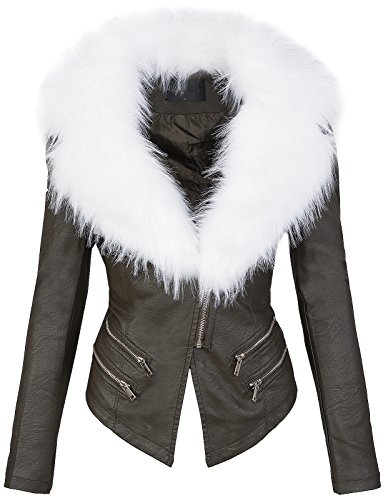 Rock Creek Selection Damen Kunstleder Biker Jacke Fellkragen Übergangsjacke [D-196 - Khaki-Weiss - Gr. M] von Rock Creek Selection