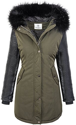 Rock Creek Damen Jacke Winter Parka Bikerjacke Winter Mantel Outdoorjacke Damenmantel Damenparka Kunstleder Ärmel Kunstpelz Kapuze D-347 Grün Schwarz S von Rock Creek