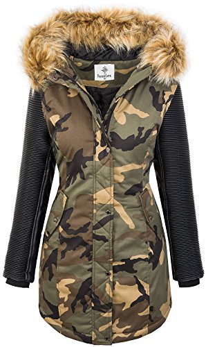 Rock Creek Damen Winter Jacke Parka Camouflage Mantel Army Jacke Bikerjacke Winterjacken Outdoorjacke Damenmantel Kunstleder Ärmel Kapuze D-349 Khaki S von Rock Creek