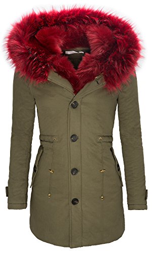 Damen Winter Parka Jacke Mantel Winterjacke Wintermantel Kunstfell Kapuze Teddyfell-Futter Gefütter Warm D-122 Rot L von Rock Creek