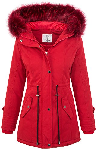 Designer Damen Jacke Parka Mantel Winterjacke Kurzmantel Damenjacke Outdoorjacke Wintermantel Kunstfell Kapuze Gefüttert Warm D-345 Rot S von Rock Creek