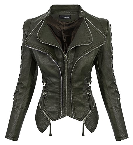 Rock Creek Damen Kunstleder Jacke Übergangs Jacke Leder Optik Bikerjacke D-365 [WS-967 Khaki L] von Rock Creek