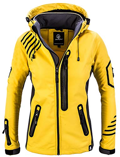 Rock Creek Damen Softshell Jacke Windbreaker Regenjacke Übergangsjacke Softshelljacke Damenjacke Regenmantel Outdoorjacke Kapuze D-402 Gelb-Grau S von Rock Creek