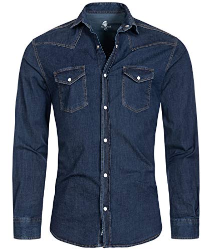 Rock Creek Herren Jeans Hemd Herrenhemd Denim Jeanshemd Vintage mit druckknöpfen Regular Fit Stehkragen Kentkragen Langarm Männer H-200 Dunkelblau S von Rock Creek