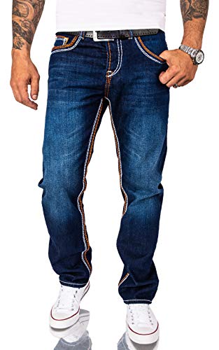 Rock Creek Herren Jeans Hose Comfort Fit Dicke Nähte Jeans Herrenjeans Herrenhose Denim Stonewashed Basic Weites Bein Raw RC-2167 Dunkelblau W33 L36 von Rock Creek