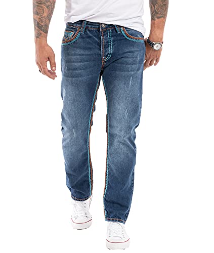 Rock Creek Herren Jeans Hose Comfort Fit Dicke Nähte Jeans Herrenjeans Herrenhose Denim Stonewashed Basic Weites Bein Raw RC-2270 Dunkelblau W32 L34 von Rock Creek