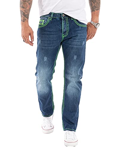 Rock Creek Herren Jeans Hose Comfort Fit Dicke Nähte Jeans Herrenjeans Herrenhose Denim Stonewashed Basic Weites Bein Raw RC-2271 Blau W33 L34 von Rock Creek