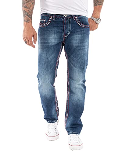 Rock Creek Herren Jeans Hose Comfort Fit Dicke Nähte Jeans Herrenjeans Herrenhose Denim Stonewashed Basic Weites Bein Raw RC-2272 Dunkelblau W32 L30 von Rock Creek