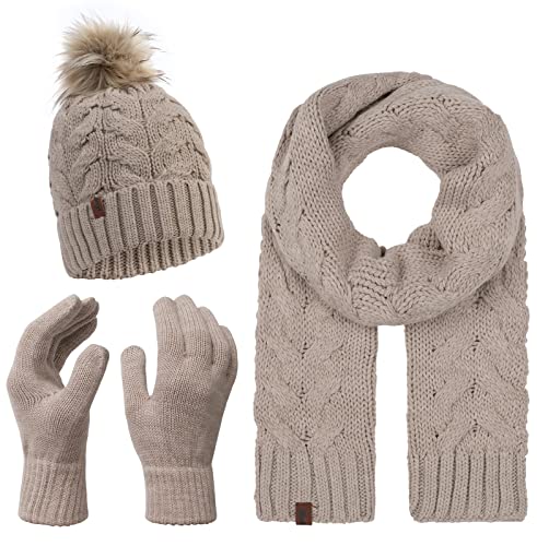 Rock Creek Winter Mütze mit Bommel Schal Set Geschenkset Wintermütze Winterschal Winterhandschuhe Herrenmütze Damenmütze U-101 Beige Einheitsgröße von Rock Creek