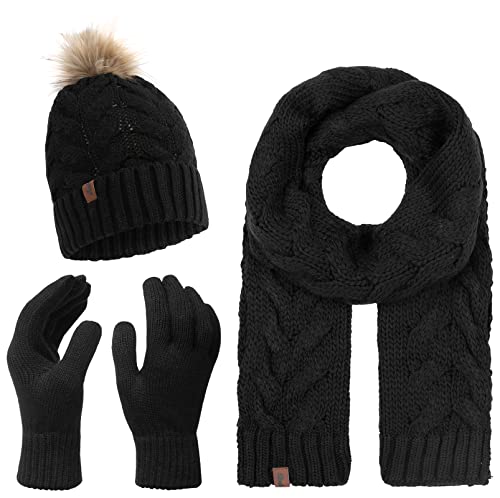 Rock Creek Winter Mütze mit Bommel Schal Set Geschenkset Wintermütze Winterschal Winterhandschuhe Herrenmütze Damenmütze U-101 Schwarz Einheitsgröße von Rock Creek