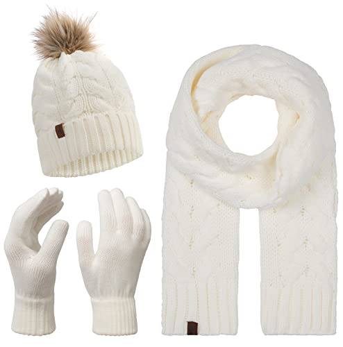 Rock Creek Winter Mütze mit Bommel Schal Set Geschenkset Wintermütze Winterschal Winterhandschuhe Herrenmütze Damenmütze U-101 Weiß Einheitsgröße von Rock Creek